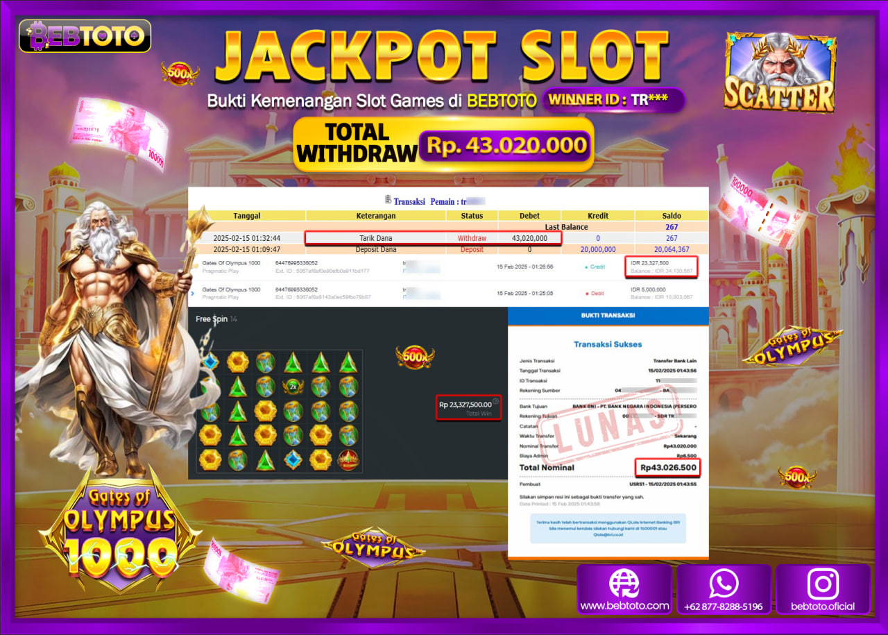 JACKPOT SLOT BEBTOTO GATES OF OLYMPUS 1000 Rp.43.020.000.,- LUNAS