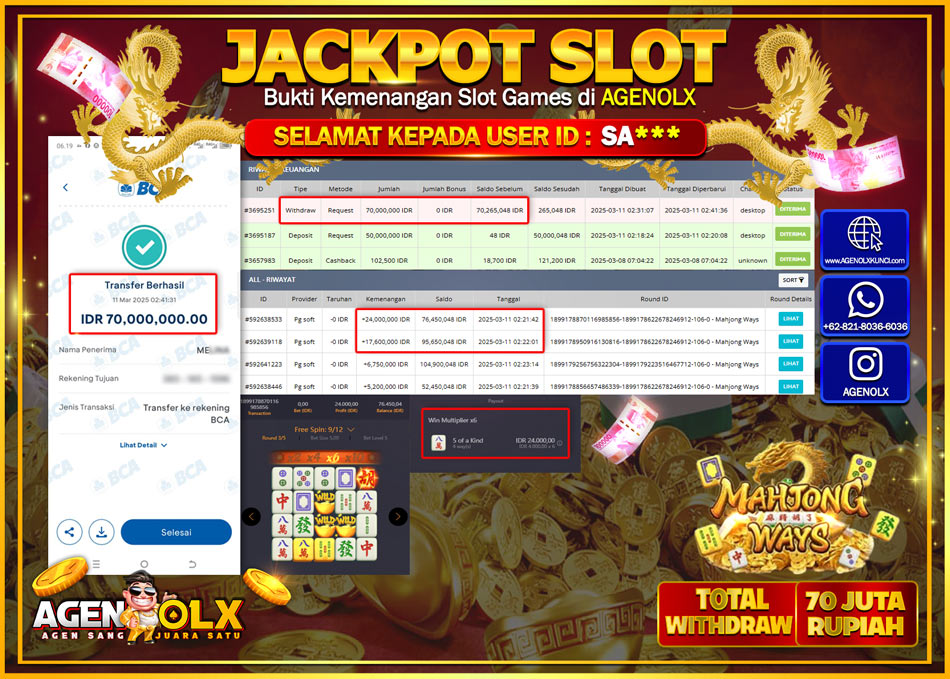 AGENOLX JACKPOT  SLOT MAHJONG WAYS Rp 70.000.000,- LUNAS