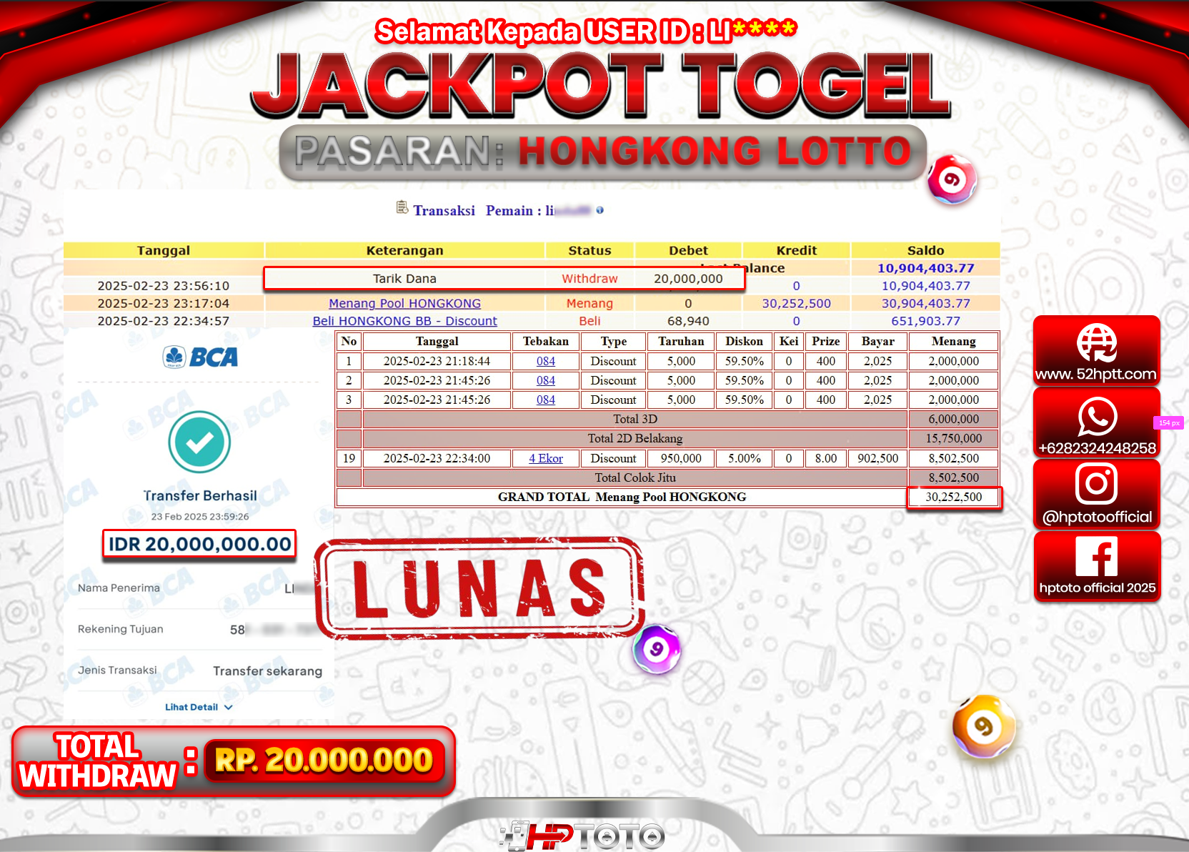 HPTOTO JACKPOT TOGEL PASARAN HONGKONG LOTTO Rp.20.000.000,- LUNAS