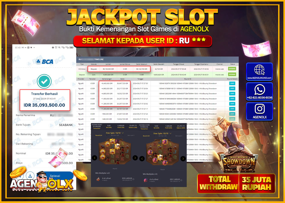 AGENOLX JACKPOT  SLOT WILD BOUNTY SHOWDOWN Rp.35.000.000,- LUNAS