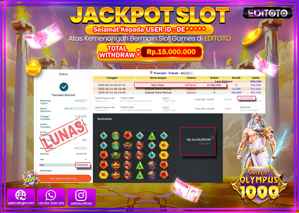 JACKPOT EDITOTO SLOT GATES OF OLYMPUS 1000 Rp.15.000.000,- LUNAS