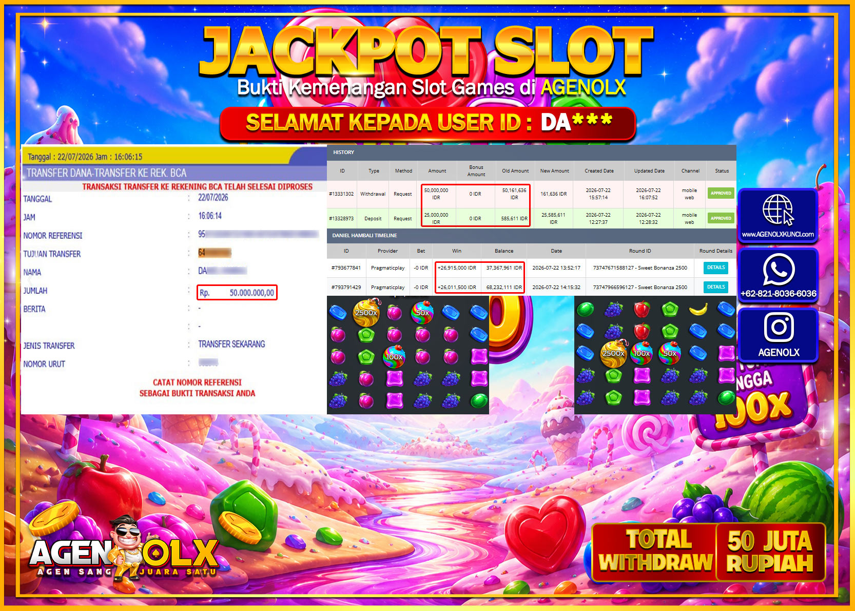 AGENOLX JACKPOT SLOT SWEET BONANZA 2500 Rp  50.000.000 -LUNAS