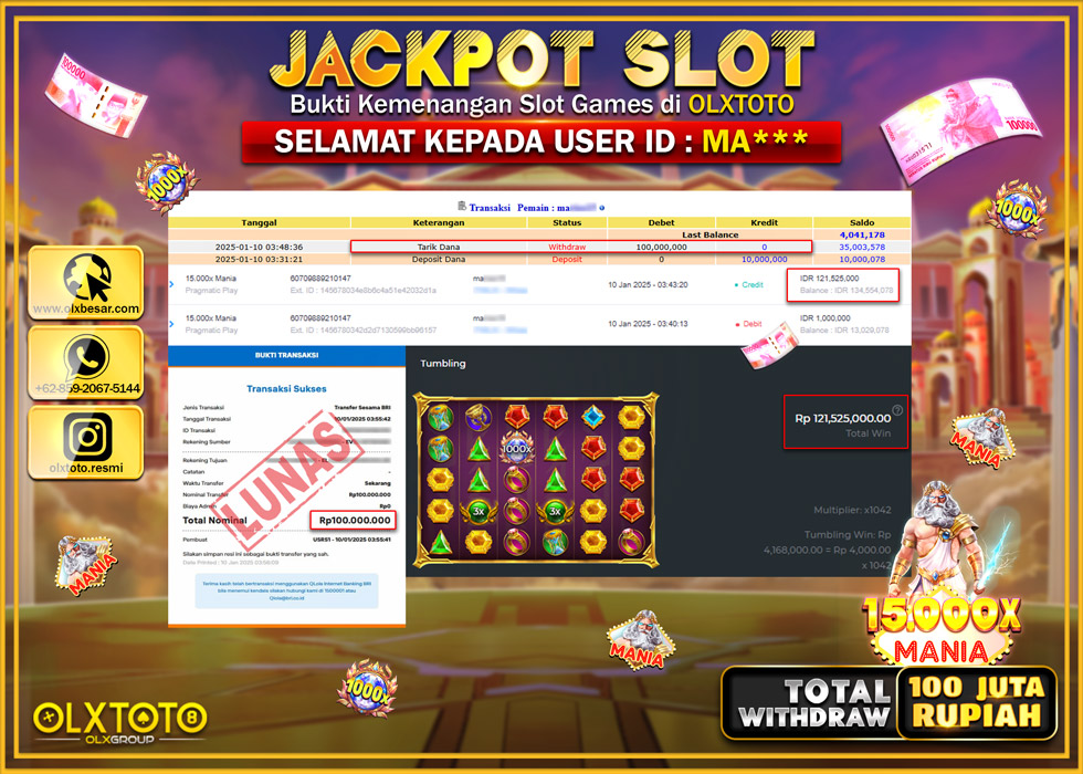 OLXTOTO JACKPOT  SLOT 15.000x MANIA  Rp.100.000.000.,- LUNAS