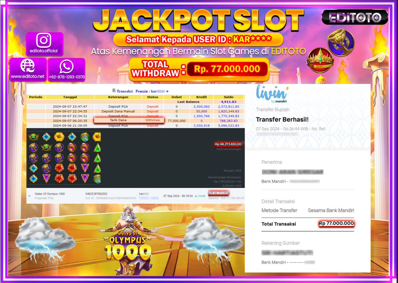JACKPOT SLOT GATES OF OLYMPUS 1000   Rp.77.000.000.,- LUNAS