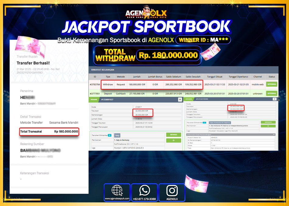 AGENOLX JACKPOT SPOORTBOOK Rp 180.000.000,- LUNAS