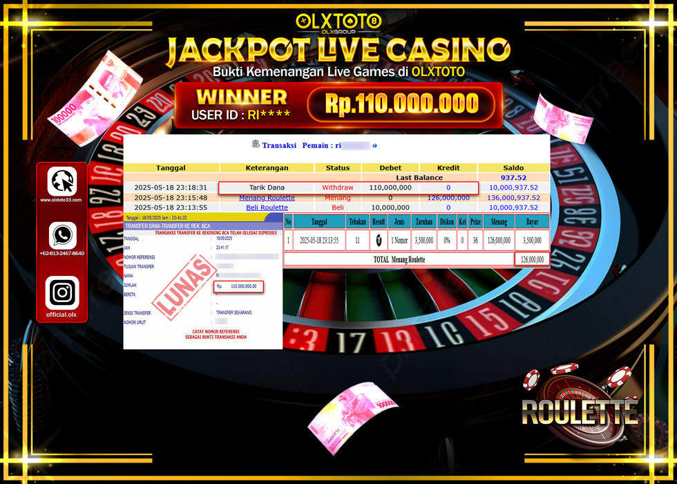 BINTANGSLOT77 JACKPOT  LIVE GAMES ROULETTE Rp.110.000.000.,- LUNAS