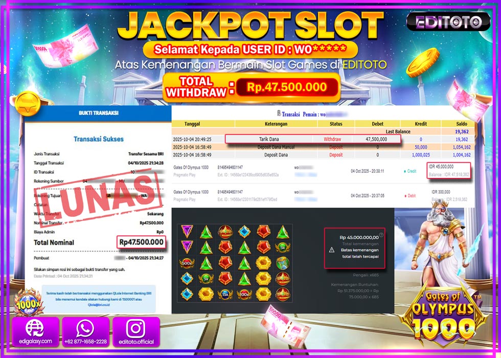 JACKPOT EDITOTO SLOT GATES OF OLYMPUS 1000 Rp.47.500.000,- LUNAS 