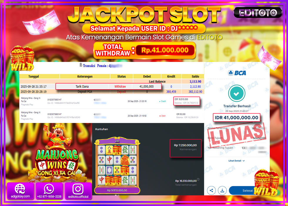 JACKPOT EDITOTO SLOT MAHJONG WINS - GONG XI FA CAI Rp.41.000.000,- LUNAS 