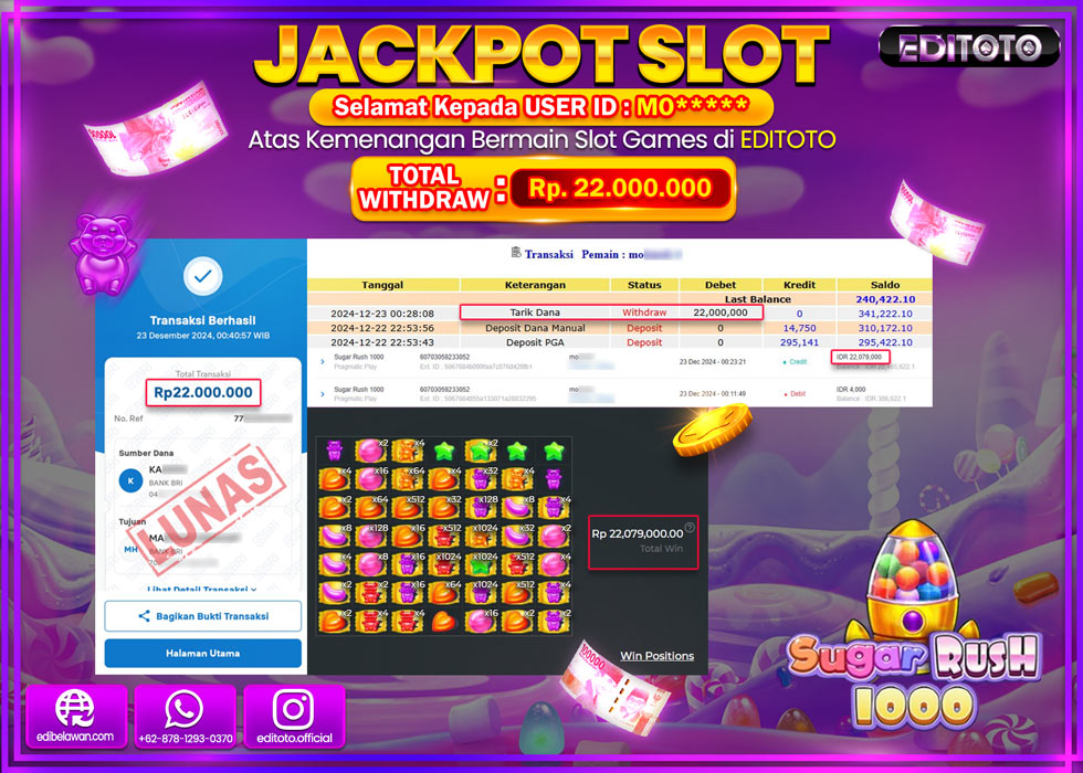 JACKPOT SLOT SUGAR RUSH 1000 Rp.22.000.000.,- LUNAS