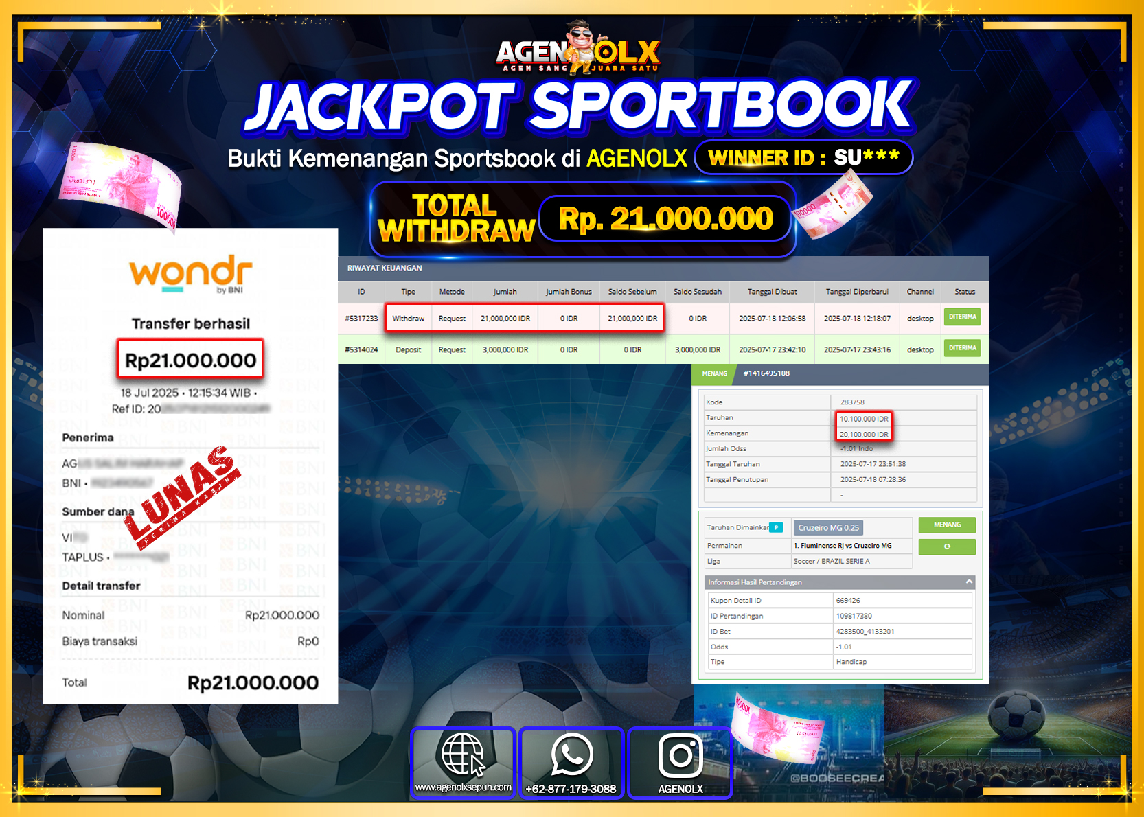 AGENOLX JACKPOT  SPORTBOOK SABASPORT Rp 21.000.000,- LUNAS
