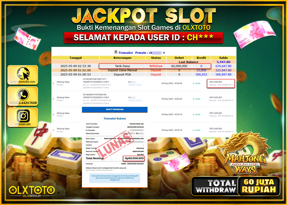 BINTANGSLOT77 JACKPOT SLOT MAHJONG WAYS  Rp.60.000.000.,- LUNAS