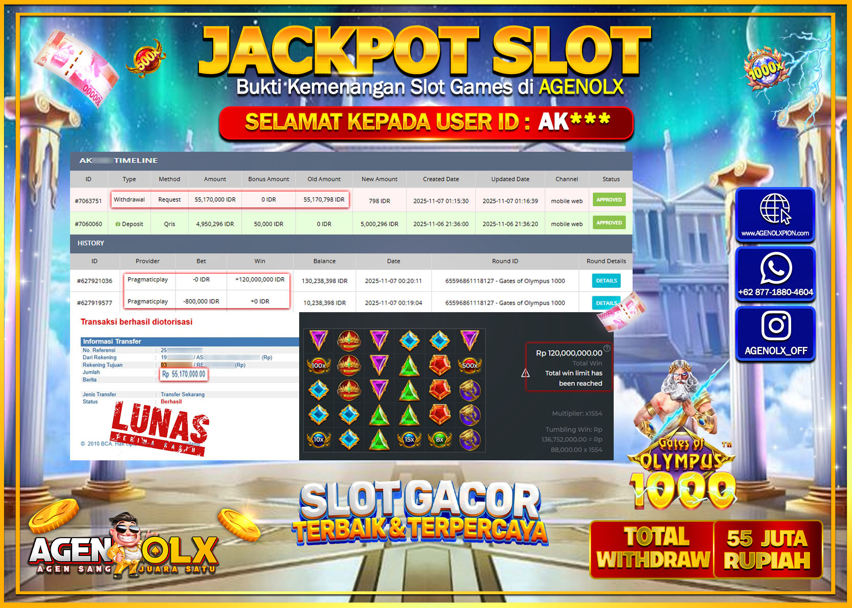 AGENOLX JACKPOT  SLOT GATES OF OLYMPUS 1000  Rp 55,170,000,- LUNAS