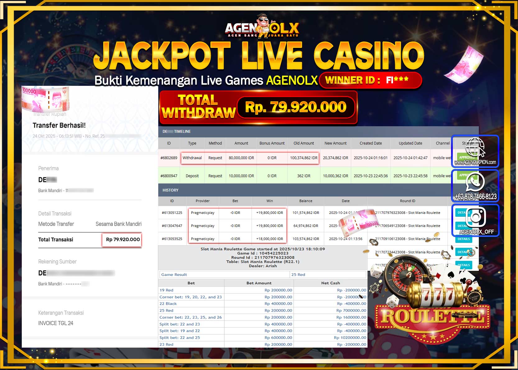 AGENOLX JACKPOT LIVE CASINO SLOT MANIA ROULETTE Rp 79,920,000,- LUNAS