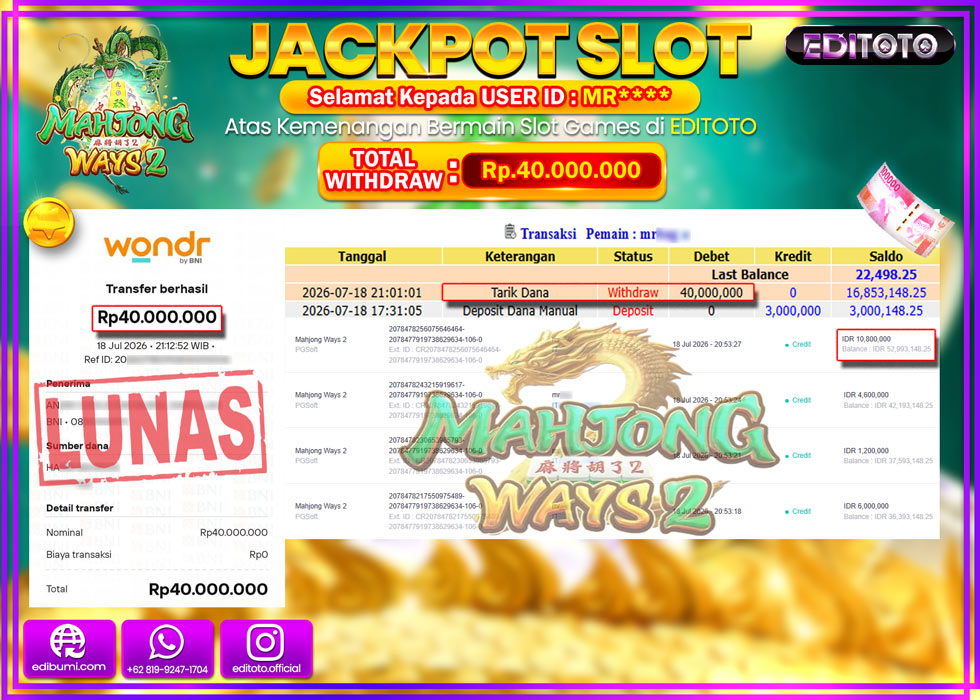 JACKPOT EDITOTO SLOT MAHJONG WAYS 2 Rp.40.000.000,- LUNAS