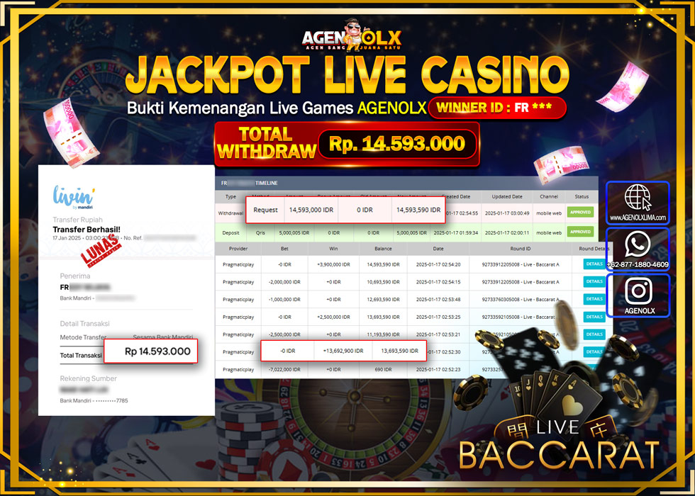 AGENOLX JACKPOT LIVE CASINO BACCARAT Rp 14.593.000,- LUNAS