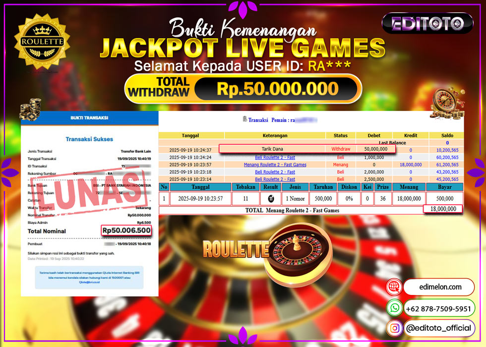 JACKPOT EDITOTO LIVE GAMES ROULETTE Rp. 50.000.000.,- LUNAS