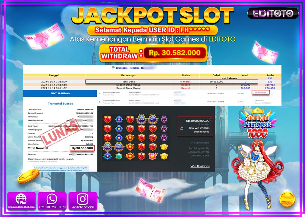 JACKPOT SLOT STARLIGHT PRINCESS 1000 Rp.30.582.000.,- LUNAS