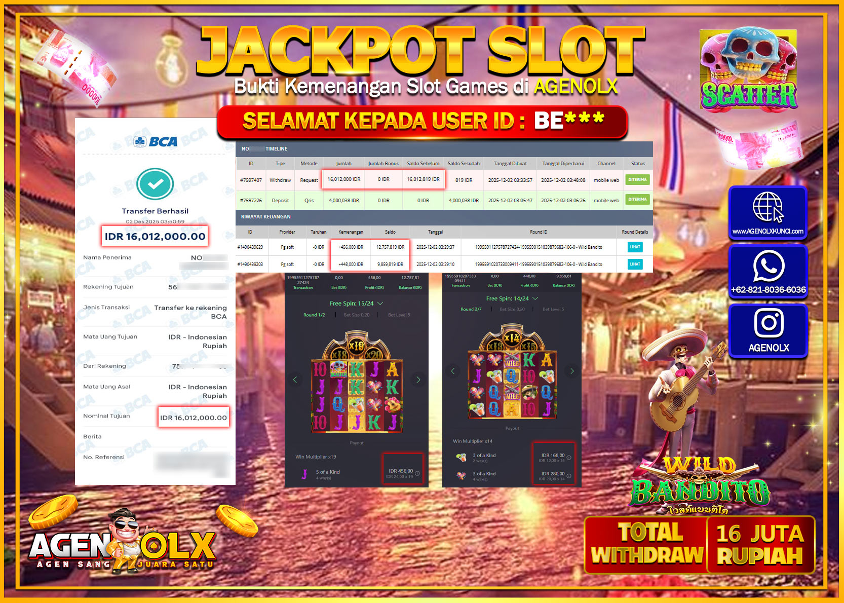 AGENOLX JACKPOT SLOT WILD BANDITO Rp 16,012,000,- LUNAS