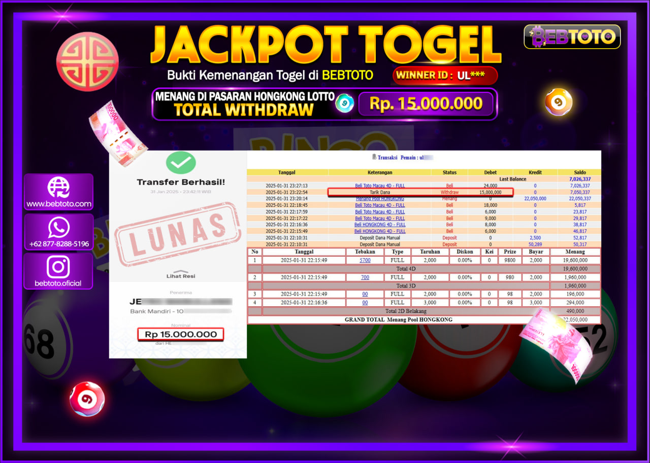 JACKPOT TOGEL BEBTOTO HONGKONG LOTTO Rp.15.000.000.,- LUNAS