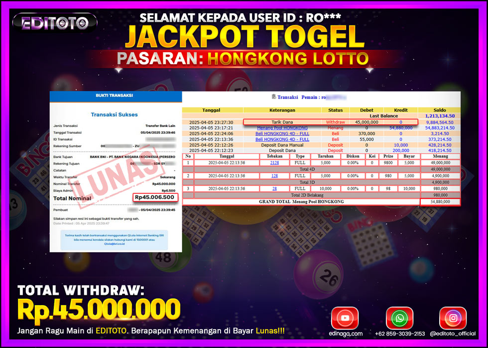 JACKPOT EDITOTO TOGEL PASARAN HONGKONG LOTTO Rp.45.000.000.,- LUNAS