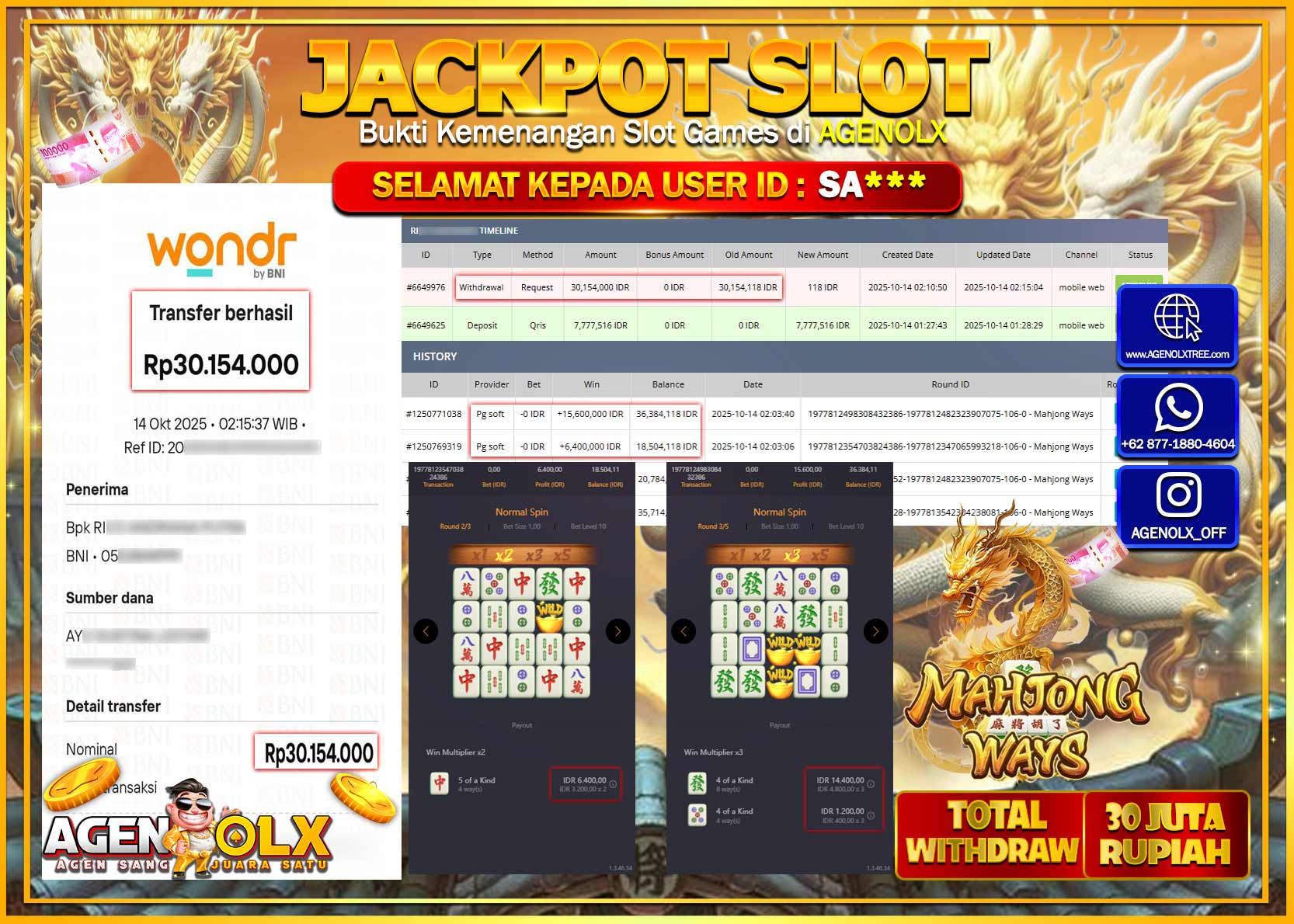 AGENOLX JACKPOT SLOT MAHJONG WAYS Rp 30,154,000,- LUNAS