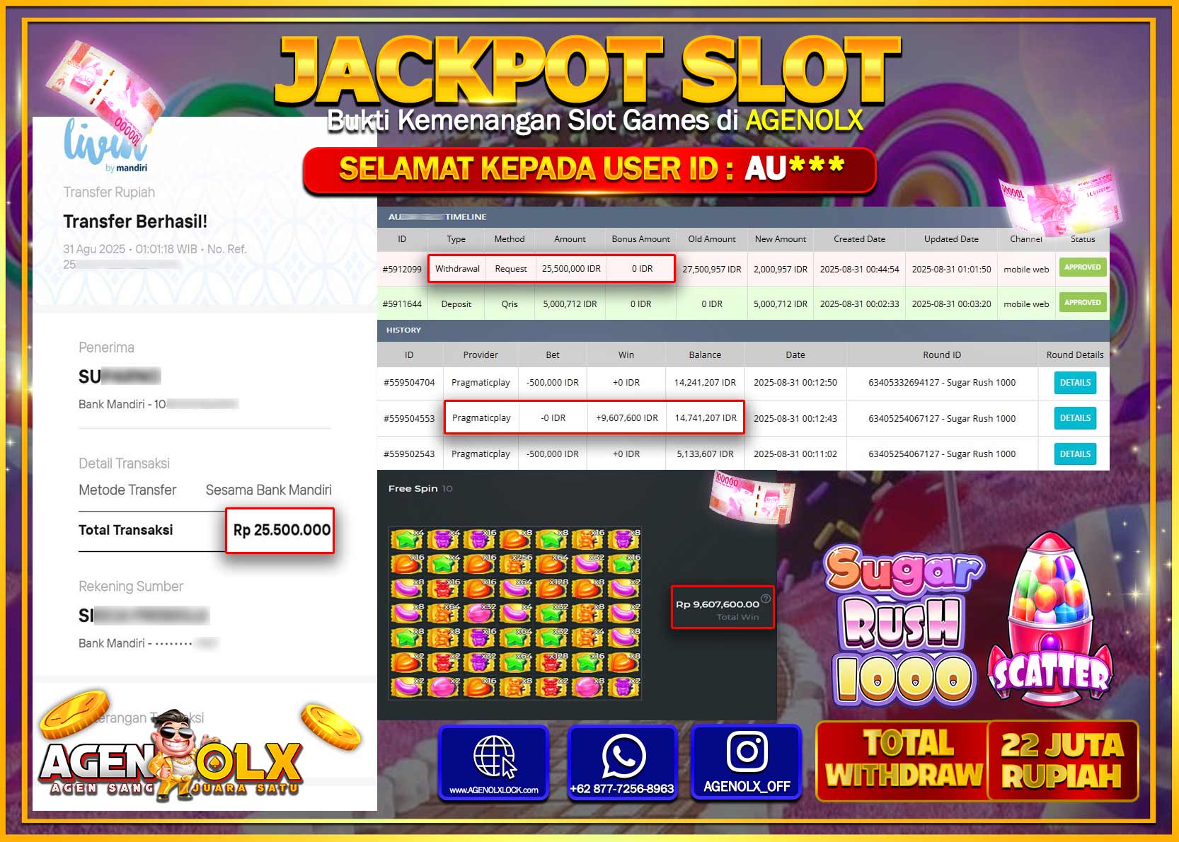 AGENOLX JACKPOT SLOT SUGAR RUSH 1000 A Rp 25,500,000,- LUNAS