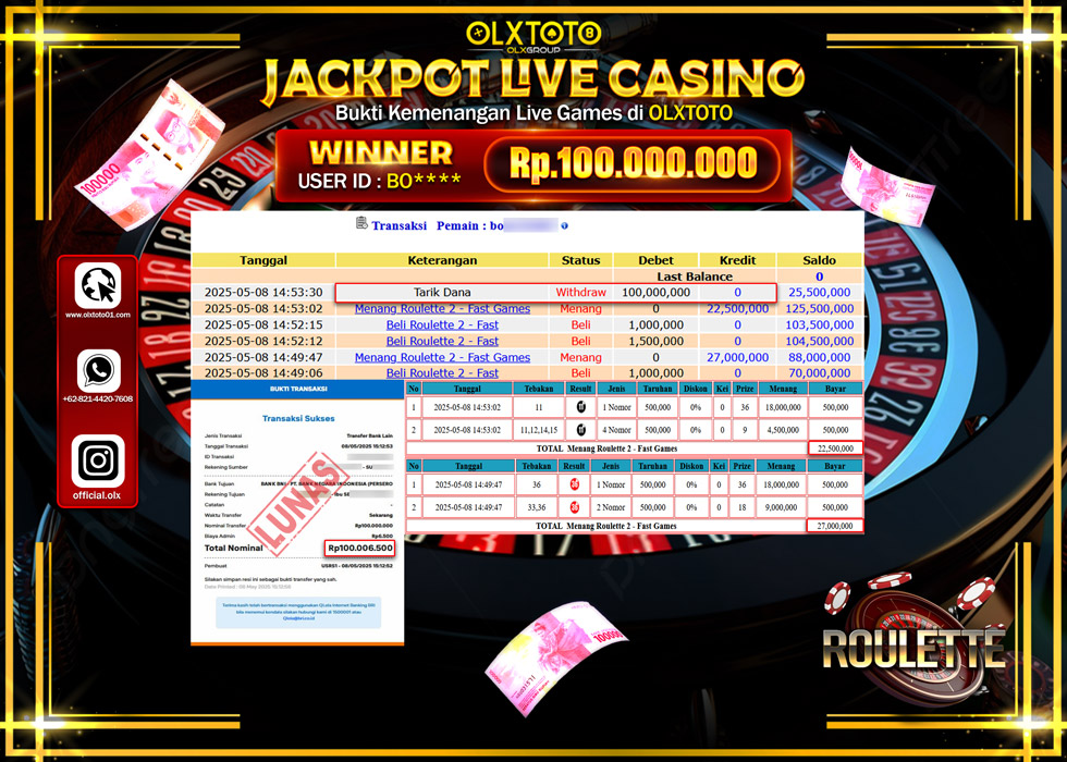 BINTANGSLOT77 JACKPOT  LIVE GAMES ROULETTE 2 Rp.100.000.000.,- LUNAS