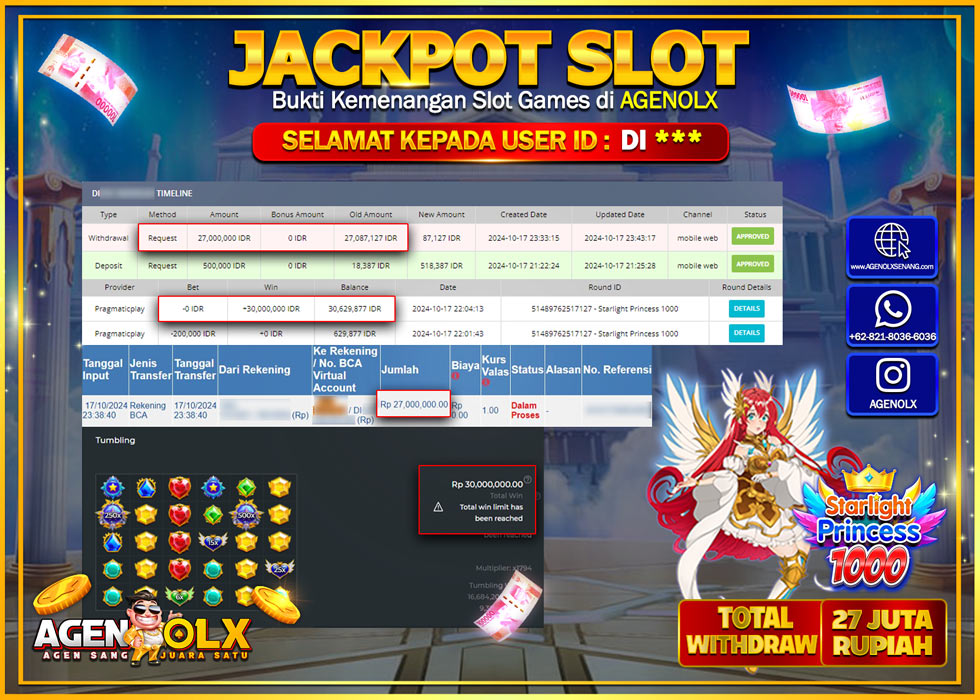 AGENOLX JACKPOT SLOT STARLIGHT PRINCESS 1000 Rp27.000.000,- LUNAS