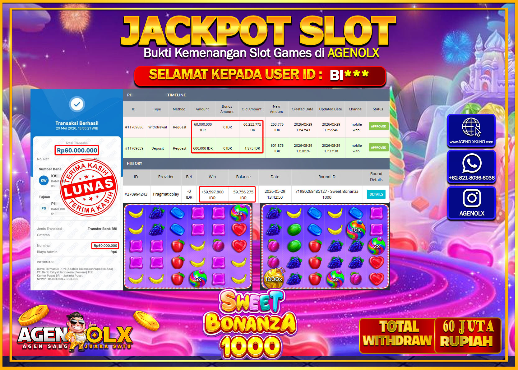 AGENOLX JACKPOT SLOT SWEET BONANZA 1000 Rp 60.000.000 - LUNAS