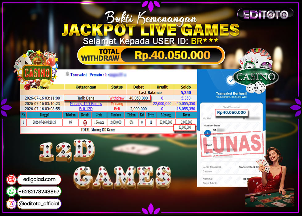 JACKPOT EDITOTO LIVE GAMES 12D GAMES Rp. 40.050.000.,- LUNAS