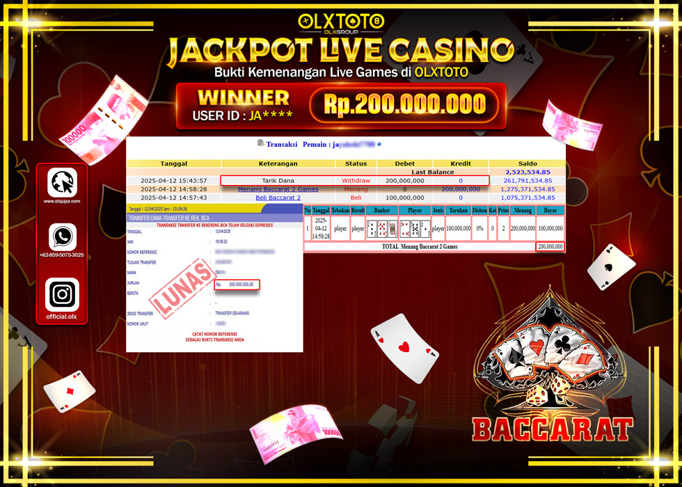 BINTANGSLOT77 JACKPOT  LIVE GAMES BACCARAT Rp.200.000.000.,- LUNAS