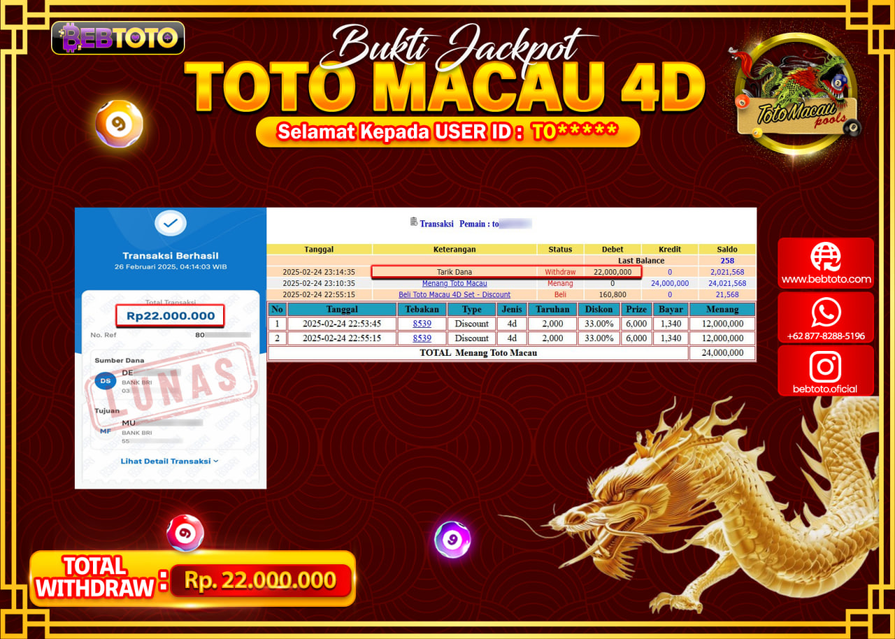 JACKPOT TOGEL BEBTOTO TOTO MACAU  Rp.22.000.000.,- LUNAS