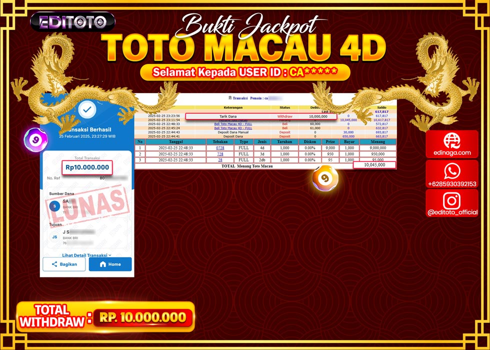 JACKPOT TOGEL PASARAN TOTOMACAU 4D Rp.10.000.000.,- LUNAS