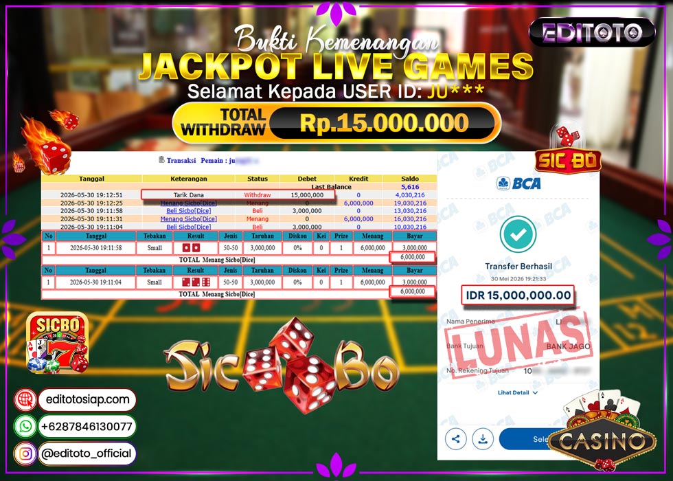 JACKPOT EDITOTO LIVE GAMES SICBO DICE Rp. 15.000.000.,- LUNAS