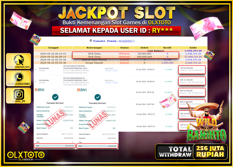 OLXTOTO JACKPOT SLOT WILD BANDITO Rp.256.000.000.,- LUNAS