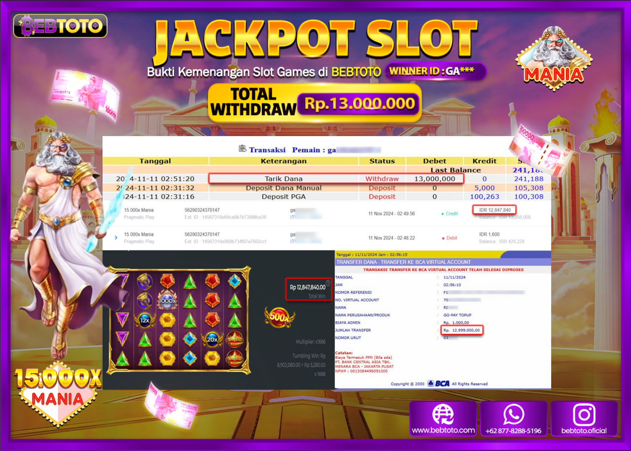 JACKPOT SLOT BEBTOTO 15.000X MANIA Rp.13.000.000.,- LUNAS