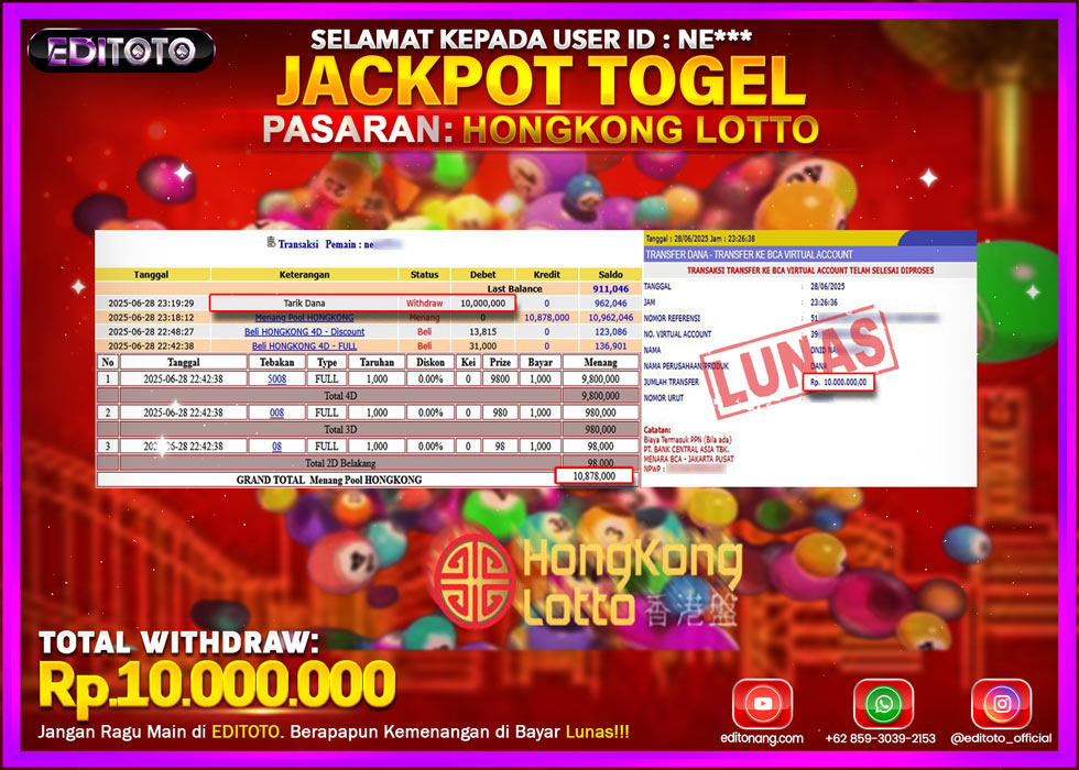 JACKPOT EDITOTO TOGEL PASARAN HONGKONG LOTTO Rp.10.000.000.,- LUNAS