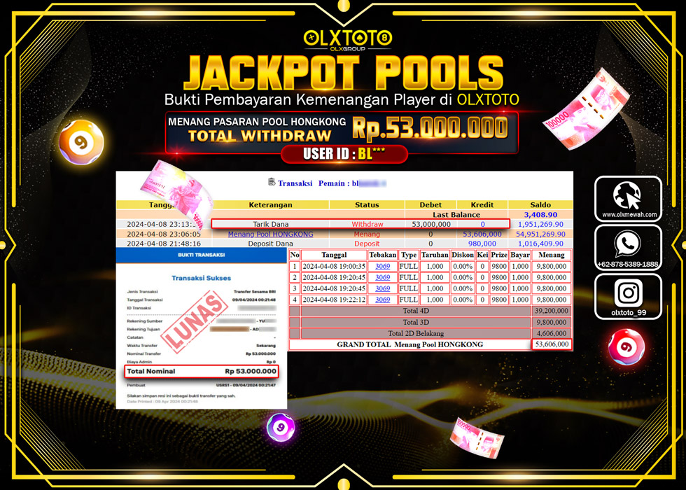 OLXTOTO JACKPOT TOGEL PASARAN POOL HONGKONG  Rp.53.000.000.,- LUNAS
