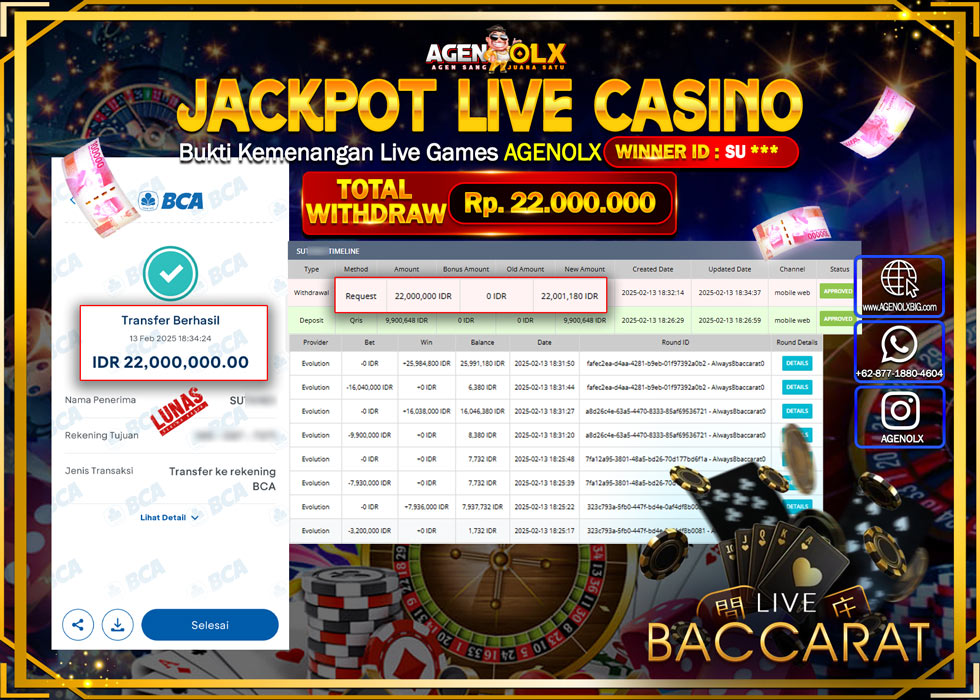 AGENOLX JACKPOT LIVE GAMES BACCARAT Rp 22.000.000,- LUNAS