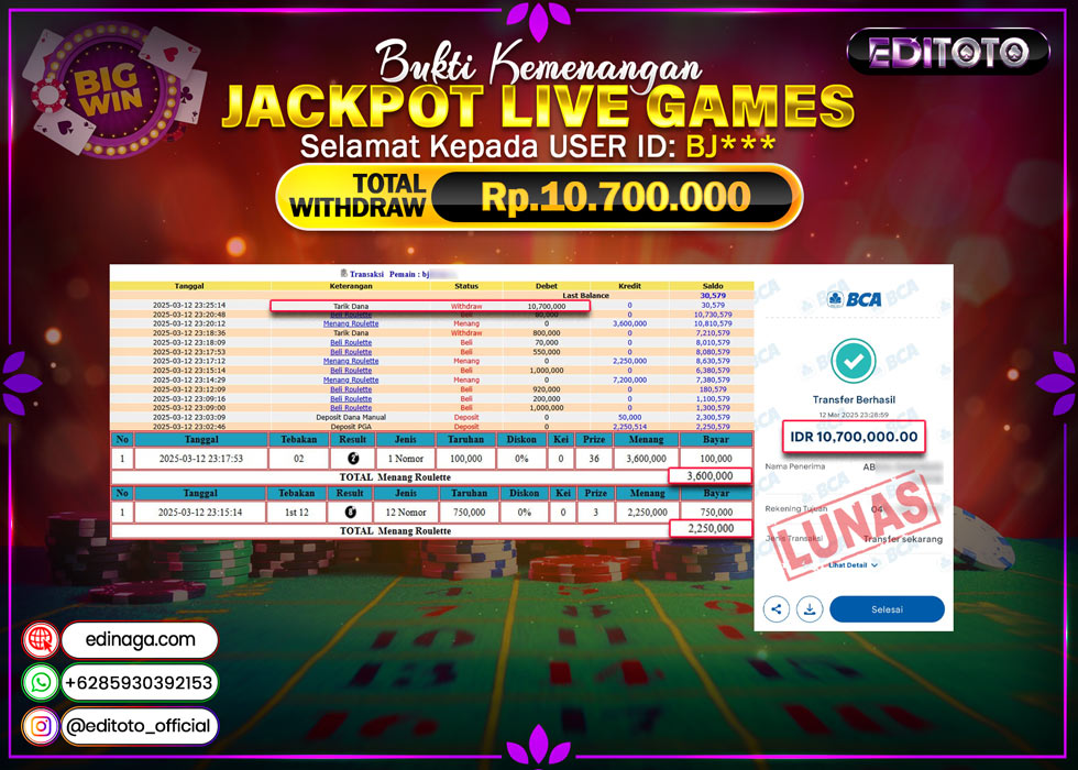 JACKPOT LIVE GAMES ROULETTE  Rp.10.700.000.,- LUNAS