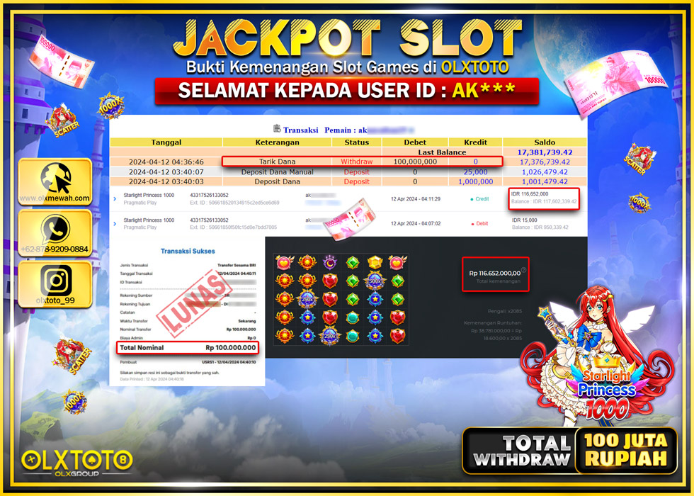 OLXTOTO JACKPOT SLOT STARLIGHT PRINCESS 1000 Rp.100.000.000.,- LUNAS