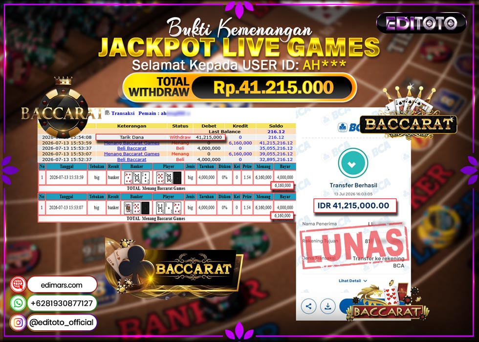 JACKPOT EDITOTO LIVE GAMES BACCARAT GAMES  Rp. 41.215.000.,- LUNAS