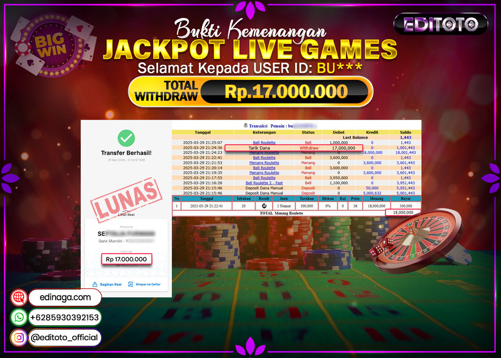JACKPOT LIVE GAMES ROULLETE Rp.17.000.000.,- LUNAS
