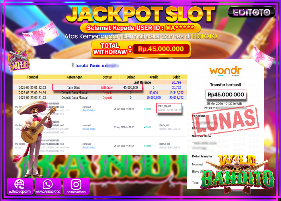 JACKPOT EDITOTO SLOT WILD BANDITO 3 Rp.45.000.000,- LUNAS