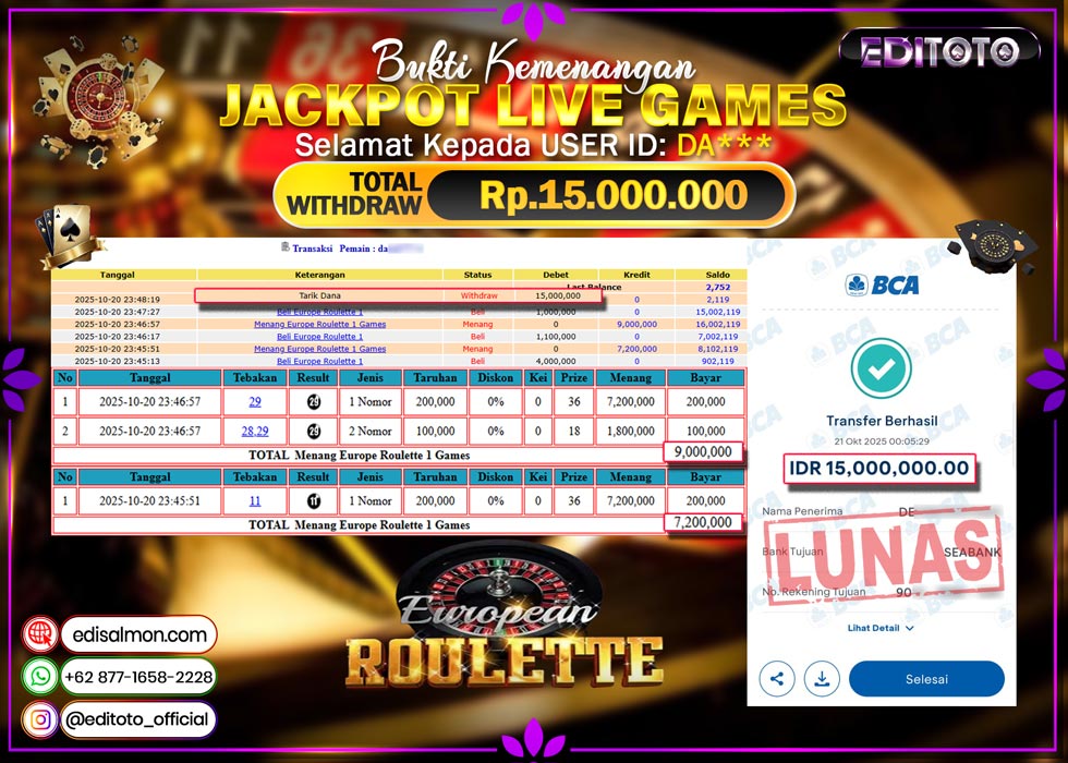 JACKPOT EDITOTO LIVE GAMES EUROPE ROULETTE 1 Rp. 15.000.000.,- LUNAS