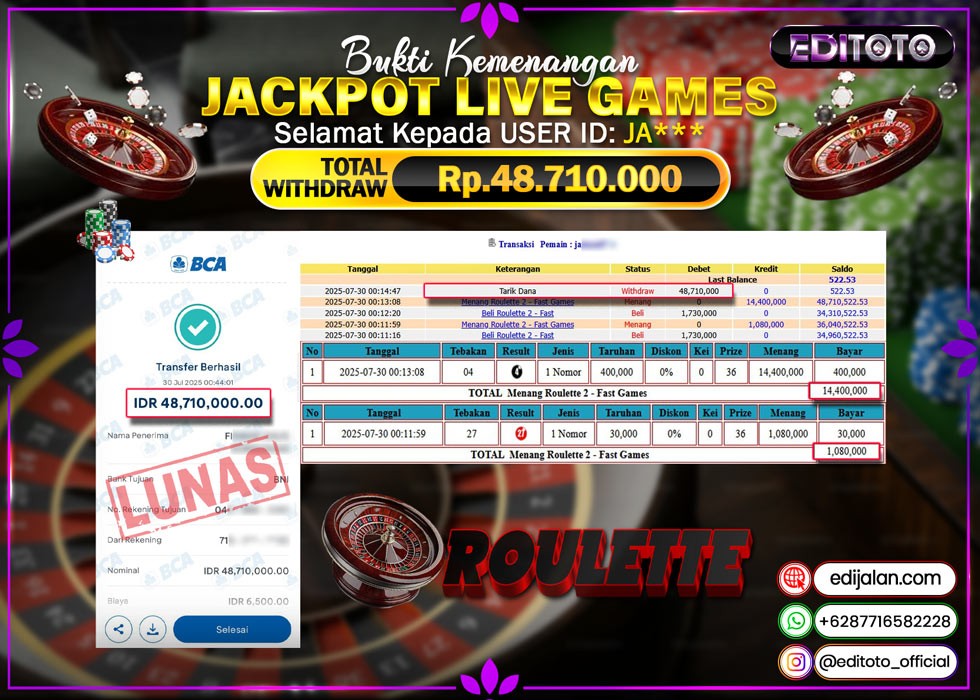 JACKPOT EDITOTO LIVE GAMES ROULETTE 2 Rp. 48.710.000.,- LUNAS