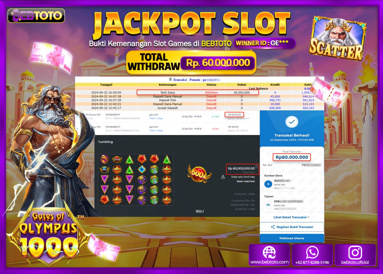JACKPOT SLOT BEBTOTO GATES OF OLYMPUS 1000 Rp.60.000.000.,- LUNAS
