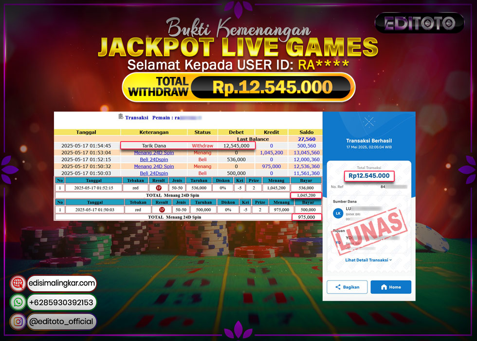JACKPOT EDITOTO LIVE GAMES 24D SPIN  Rp.12.545.000.,- LUNAS