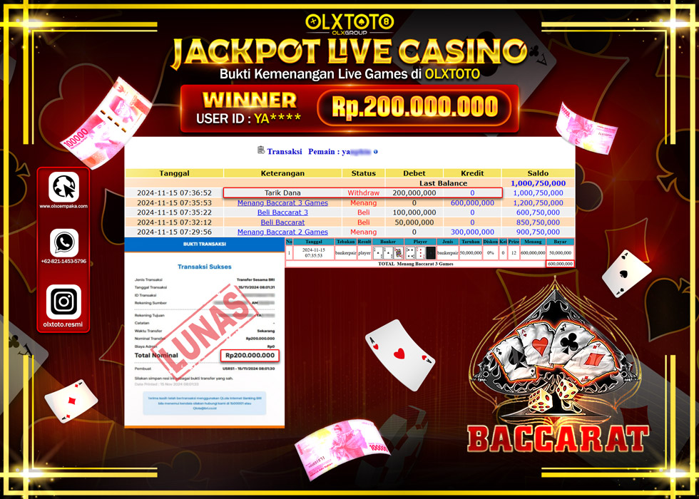 OLXTOTO JACKPOT  LIVE GAMES BACCARAT 3 Rp.200.000.000.,- LUNAS