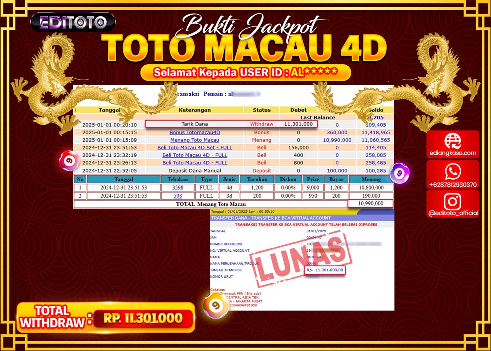 JACKPOT TOGEL PASARAN TOTOMACAU Rp.11.301.000.,- LUNAS